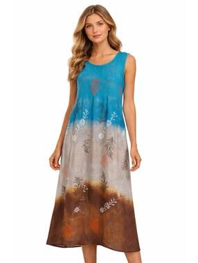 NWT Rhea Boho Maxi Dress One Size Blue Ombre Sleeveless Floral Viscose Handmade